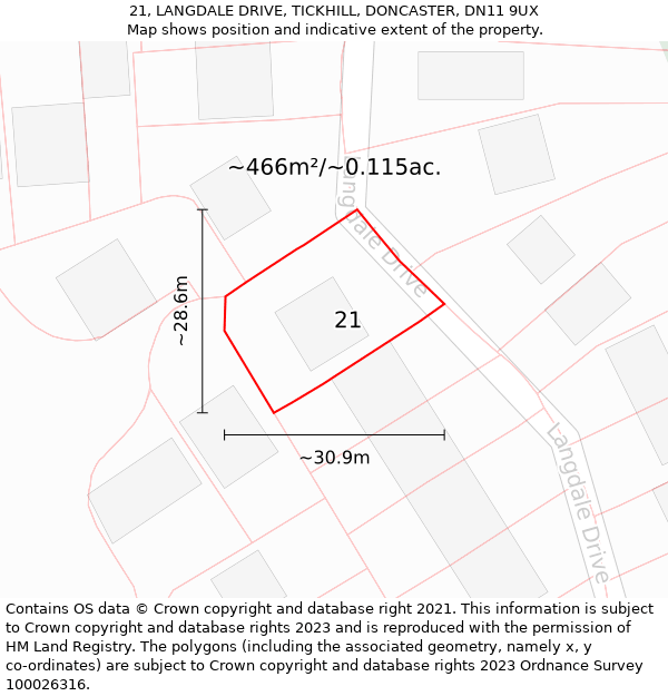 21, LANGDALE DRIVE, TICKHILL, DONCASTER, DN11 9UX: Plot and title map