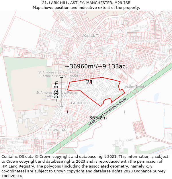 21, LARK HILL, ASTLEY, MANCHESTER, M29 7SB: Plot and title map