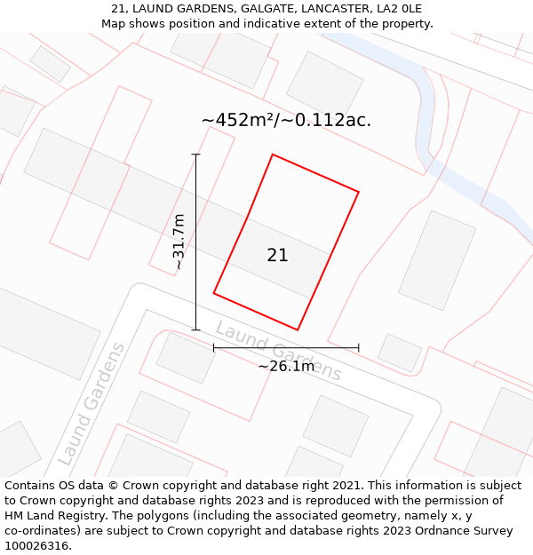 21, LAUND GARDENS, GALGATE, LANCASTER, LA2 0LE: Plot and title map