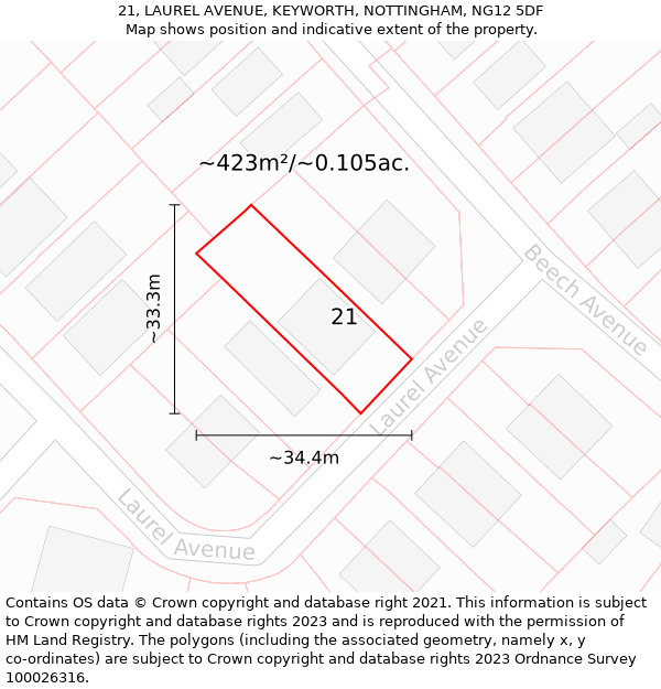 21, LAUREL AVENUE, KEYWORTH, NOTTINGHAM, NG12 5DF: Plot and title map