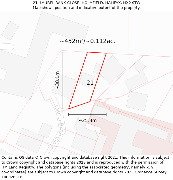 21, LAUREL BANK CLOSE, HOLMFIELD, HALIFAX, HX2 9TW: Plot and title map