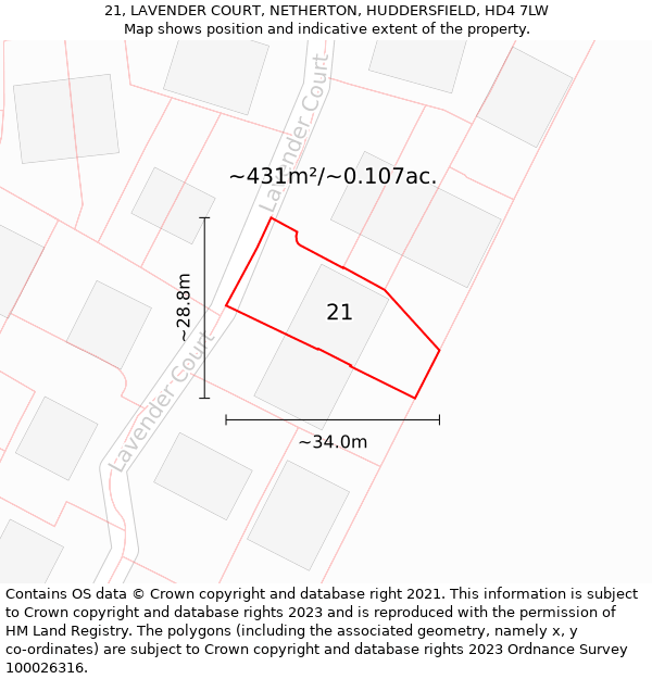 21, LAVENDER COURT, NETHERTON, HUDDERSFIELD, HD4 7LW: Plot and title map