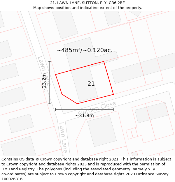 21, LAWN LANE, SUTTON, ELY, CB6 2RE: Plot and title map