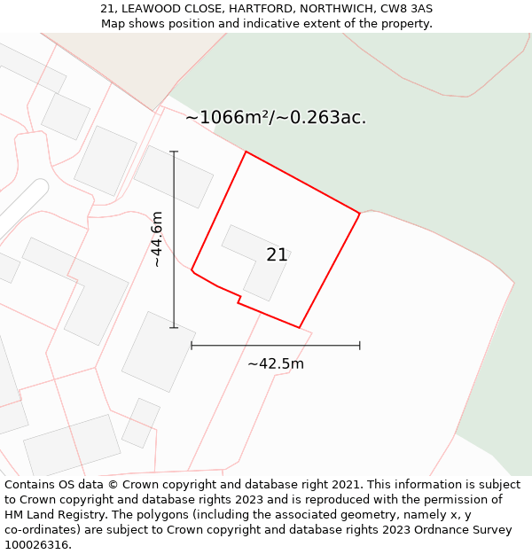 21, LEAWOOD CLOSE, HARTFORD, NORTHWICH, CW8 3AS: Plot and title map