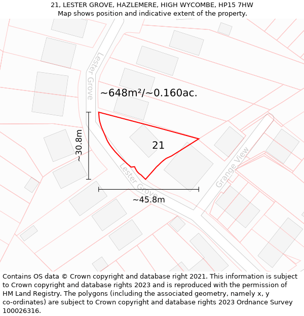 21, LESTER GROVE, HAZLEMERE, HIGH WYCOMBE, HP15 7HW: Plot and title map