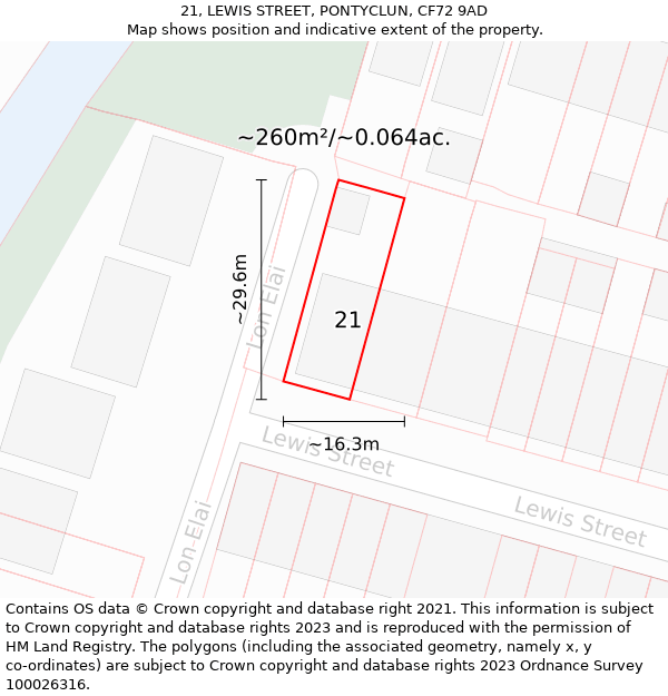 21, LEWIS STREET, PONTYCLUN, CF72 9AD: Plot and title map