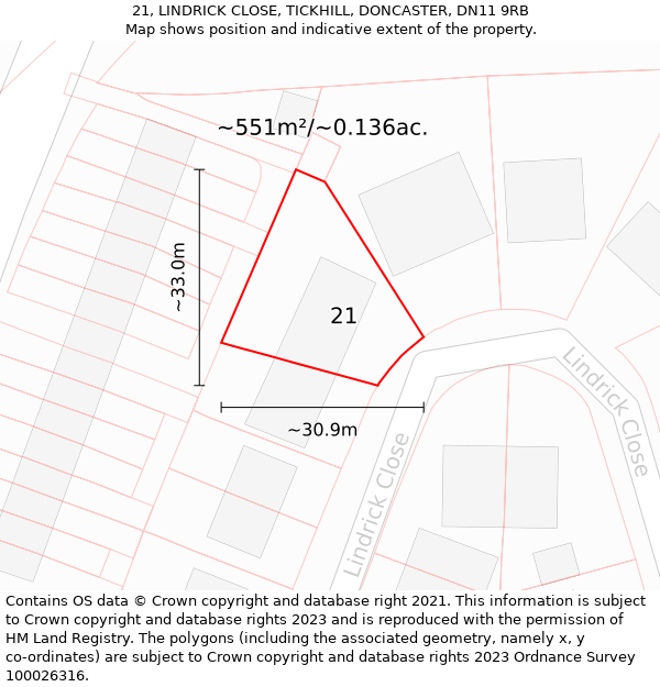 21, LINDRICK CLOSE, TICKHILL, DONCASTER, DN11 9RB: Plot and title map