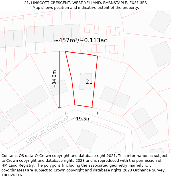 21, LINSCOTT CRESCENT, WEST YELLAND, BARNSTAPLE, EX31 3ES: Plot and title map