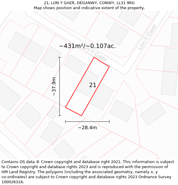 21, LON Y GAER, DEGANWY, CONWY, LL31 9RG: Plot and title map