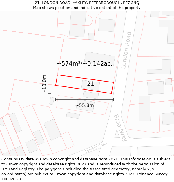 21, LONDON ROAD, YAXLEY, PETERBOROUGH, PE7 3NQ: Plot and title map