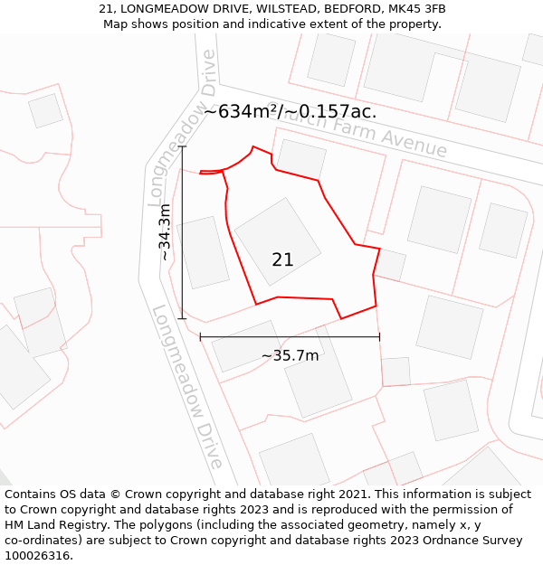 21, LONGMEADOW DRIVE, WILSTEAD, BEDFORD, MK45 3FB: Plot and title map