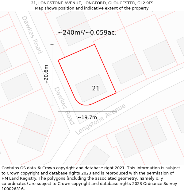 21, LONGSTONE AVENUE, LONGFORD, GLOUCESTER, GL2 9FS: Plot and title map