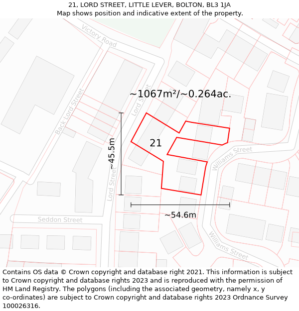 21, LORD STREET, LITTLE LEVER, BOLTON, BL3 1JA: Plot and title map