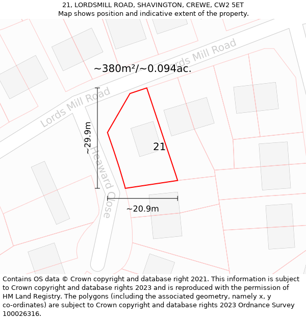 21, LORDSMILL ROAD, SHAVINGTON, CREWE, CW2 5ET: Plot and title map