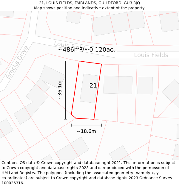 21, LOUIS FIELDS, FAIRLANDS, GUILDFORD, GU3 3JQ: Plot and title map