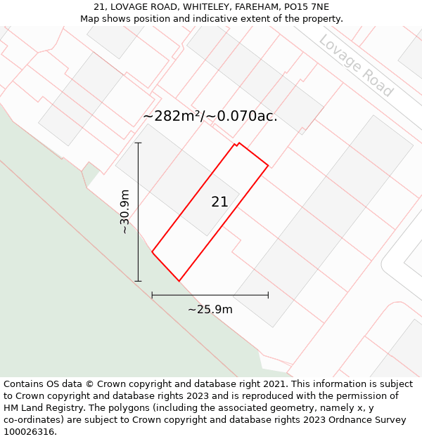 21, LOVAGE ROAD, WHITELEY, FAREHAM, PO15 7NE: Plot and title map