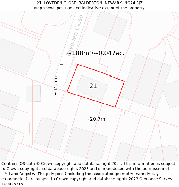 21, LOVEDEN CLOSE, BALDERTON, NEWARK, NG24 3JZ: Plot and title map