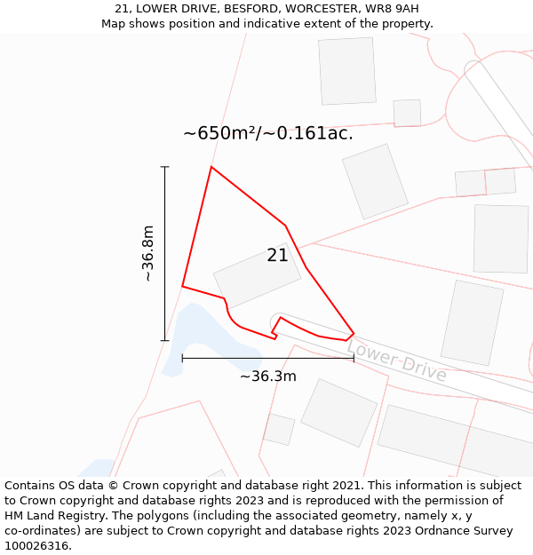 21, LOWER DRIVE, BESFORD, WORCESTER, WR8 9AH: Plot and title map