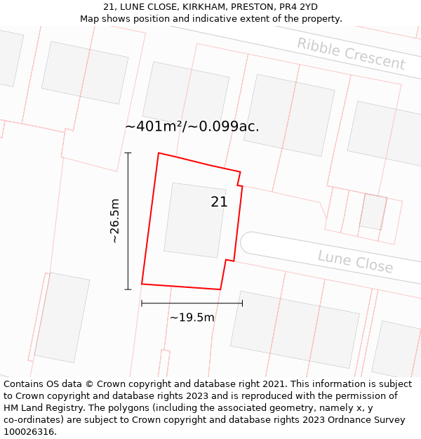 21, LUNE CLOSE, KIRKHAM, PRESTON, PR4 2YD: Plot and title map