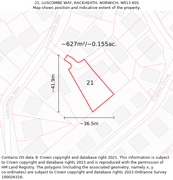 21, LUSCOMBE WAY, RACKHEATH, NORWICH, NR13 6SS: Plot and title map