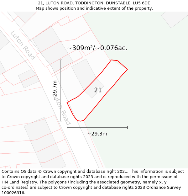 21, LUTON ROAD, TODDINGTON, DUNSTABLE, LU5 6DE: Plot and title map