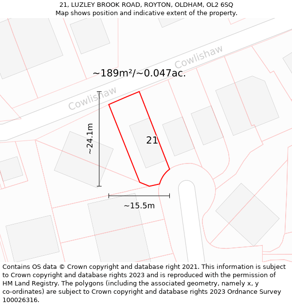 21, LUZLEY BROOK ROAD, ROYTON, OLDHAM, OL2 6SQ: Plot and title map