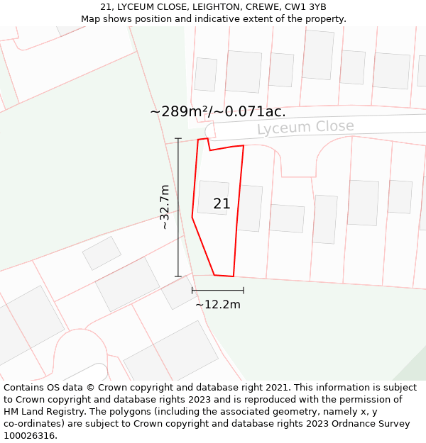 21, LYCEUM CLOSE, LEIGHTON, CREWE, CW1 3YB: Plot and title map