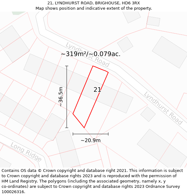 21, LYNDHURST ROAD, BRIGHOUSE, HD6 3RX: Plot and title map