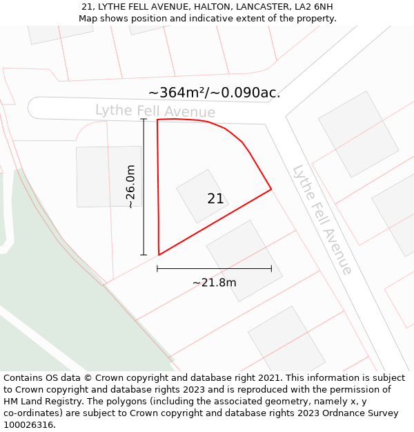 21, LYTHE FELL AVENUE, HALTON, LANCASTER, LA2 6NH: Plot and title map