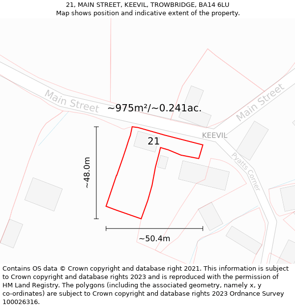 21, MAIN STREET, KEEVIL, TROWBRIDGE, BA14 6LU: Plot and title map