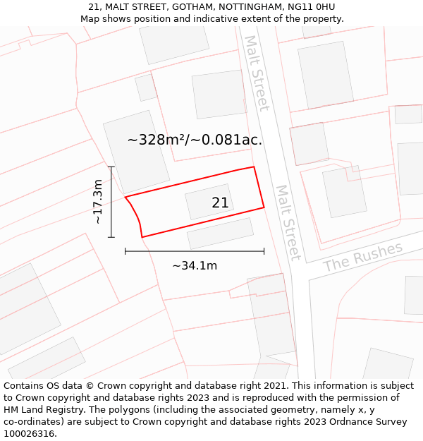 21, MALT STREET, GOTHAM, NOTTINGHAM, NG11 0HU: Plot and title map