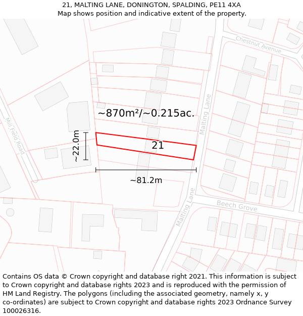 21, MALTING LANE, DONINGTON, SPALDING, PE11 4XA: Plot and title map