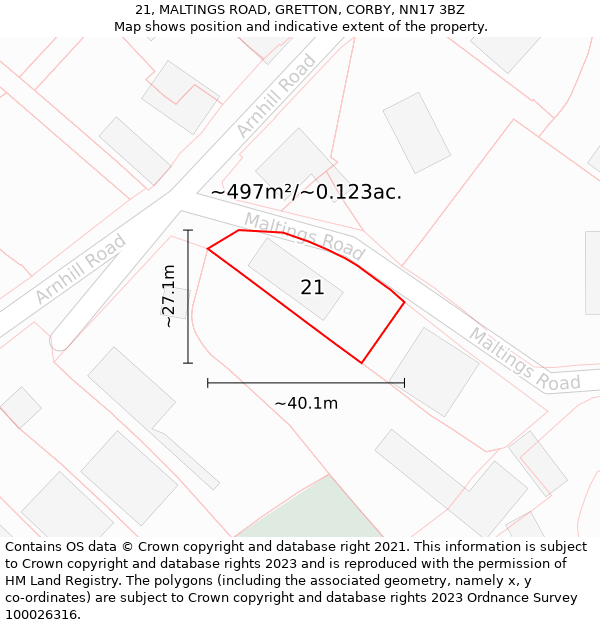 21, MALTINGS ROAD, GRETTON, CORBY, NN17 3BZ: Plot and title map