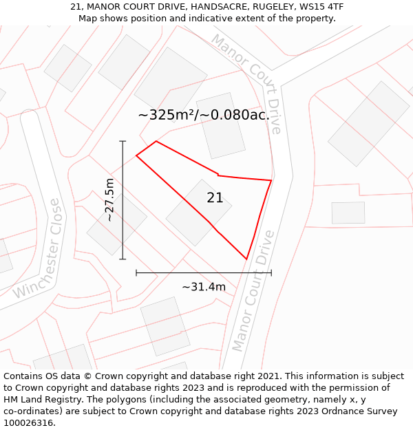 21, MANOR COURT DRIVE, HANDSACRE, RUGELEY, WS15 4TF: Plot and title map