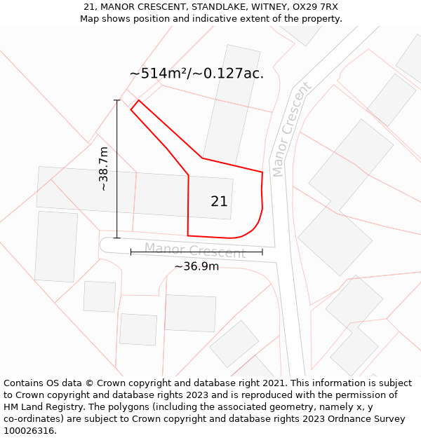 21, MANOR CRESCENT, STANDLAKE, WITNEY, OX29 7RX: Plot and title map
