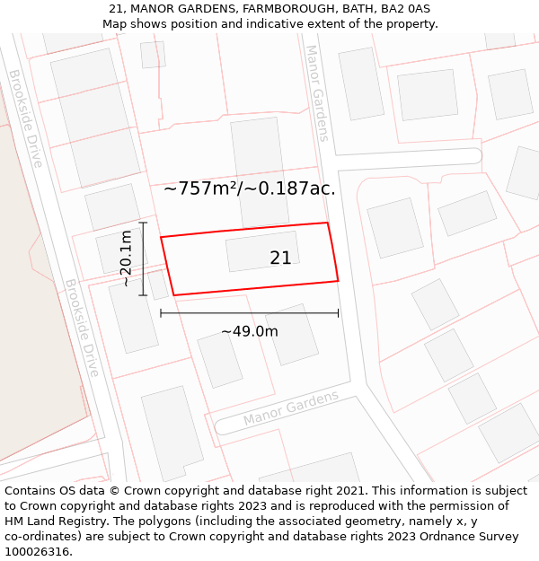 21, MANOR GARDENS, FARMBOROUGH, BATH, BA2 0AS: Plot and title map