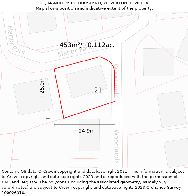 21, MANOR PARK, DOUSLAND, YELVERTON, PL20 6LX: Plot and title map