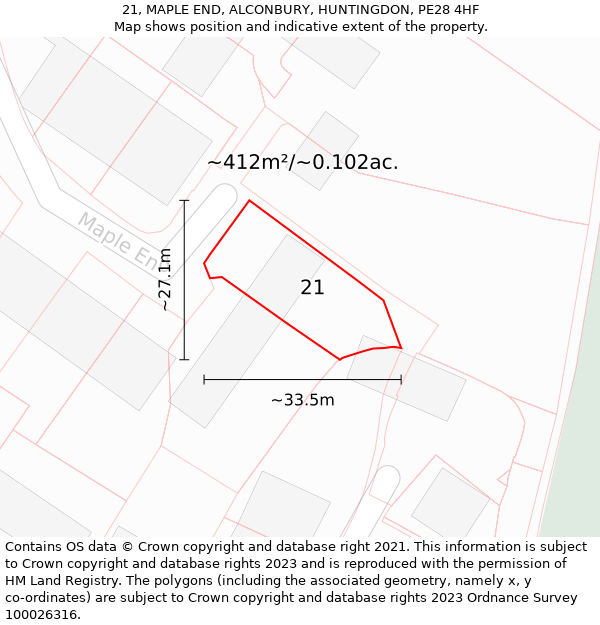 21, MAPLE END, ALCONBURY, HUNTINGDON, PE28 4HF: Plot and title map