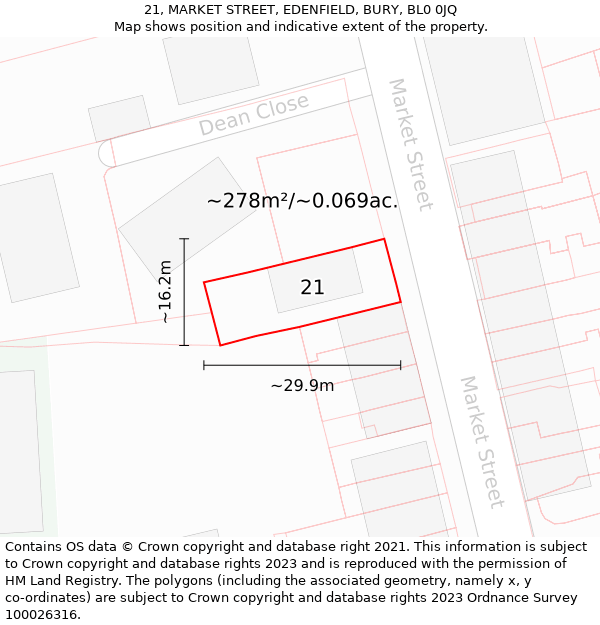 21, MARKET STREET, EDENFIELD, BURY, BL0 0JQ: Plot and title map