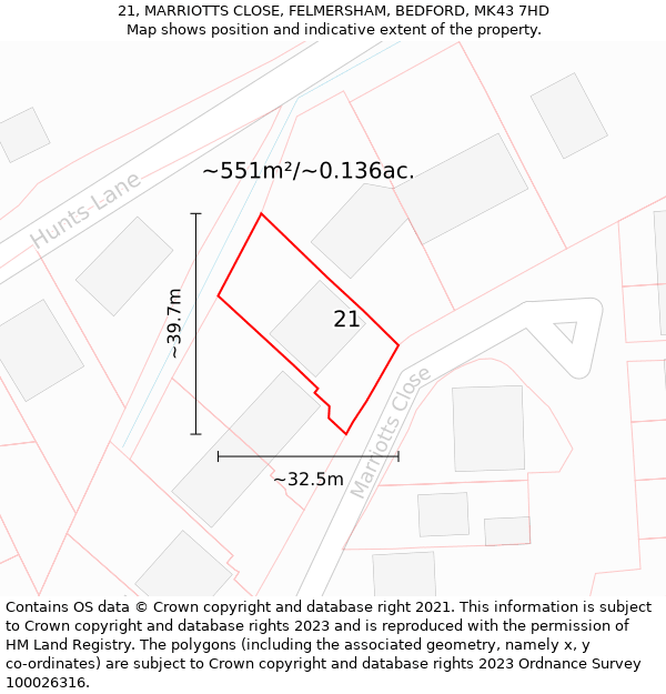 21, MARRIOTTS CLOSE, FELMERSHAM, BEDFORD, MK43 7HD: Plot and title map