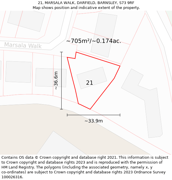 21, MARSALA WALK, DARFIELD, BARNSLEY, S73 9RF: Plot and title map