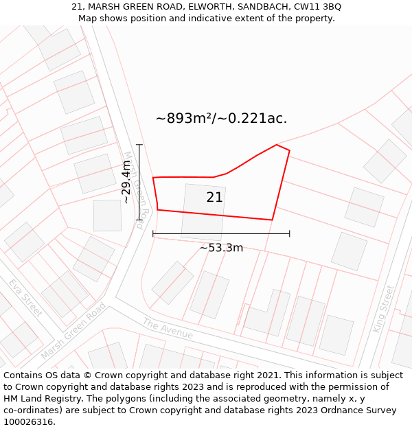 21, MARSH GREEN ROAD, ELWORTH, SANDBACH, CW11 3BQ: Plot and title map