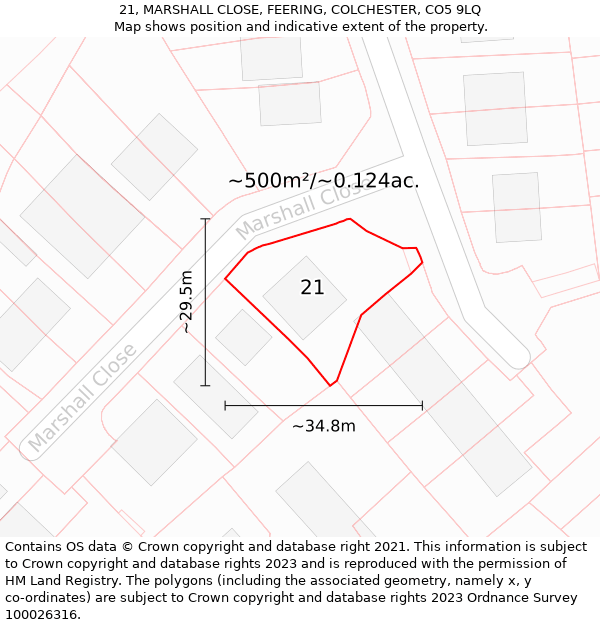 21, MARSHALL CLOSE, FEERING, COLCHESTER, CO5 9LQ: Plot and title map