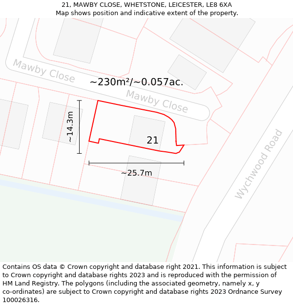 21, MAWBY CLOSE, WHETSTONE, LEICESTER, LE8 6XA: Plot and title map