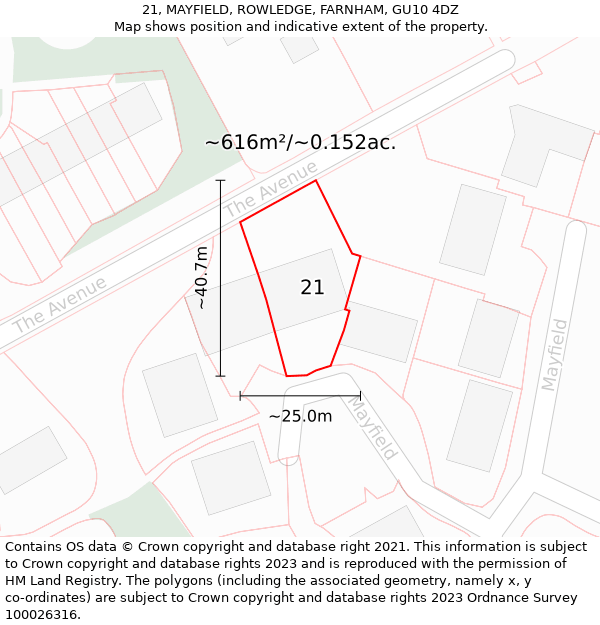 21, MAYFIELD, ROWLEDGE, FARNHAM, GU10 4DZ: Plot and title map