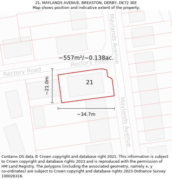 21, MAYLANDS AVENUE, BREASTON, DERBY, DE72 3EE: Plot and title map