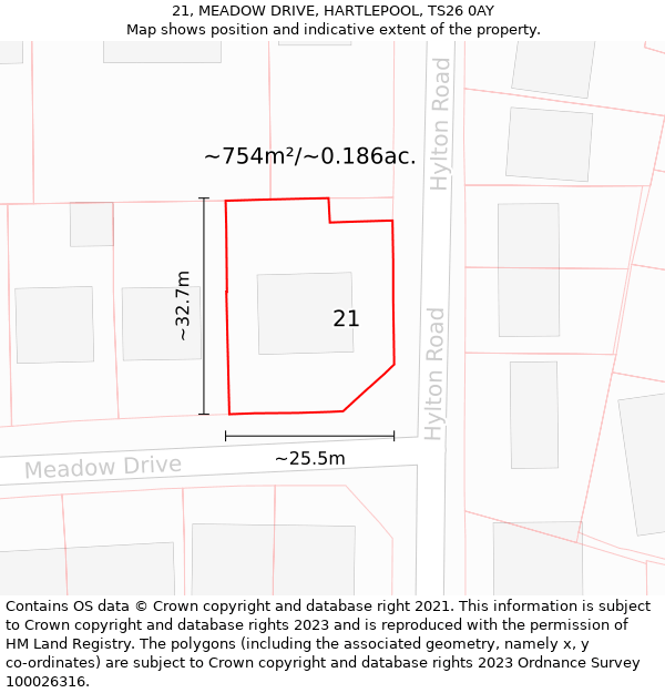 21, MEADOW DRIVE, HARTLEPOOL, TS26 0AY: Plot and title map