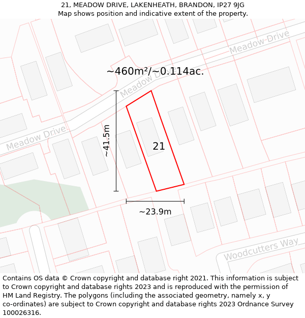 21, MEADOW DRIVE, LAKENHEATH, BRANDON, IP27 9JG: Plot and title map