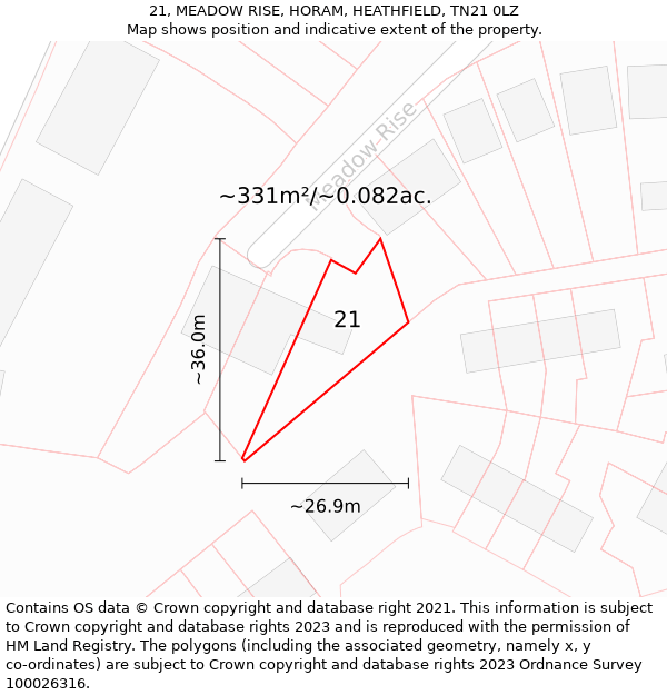 21, MEADOW RISE, HORAM, HEATHFIELD, TN21 0LZ: Plot and title map