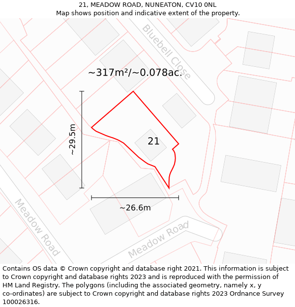 21, MEADOW ROAD, NUNEATON, CV10 0NL: Plot and title map